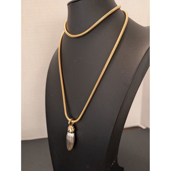 Rare Monet Snake Chain Necklace W/ Silver-Toned Ribbed Pendant & Rhinestones 34" - Picture 2 of 9